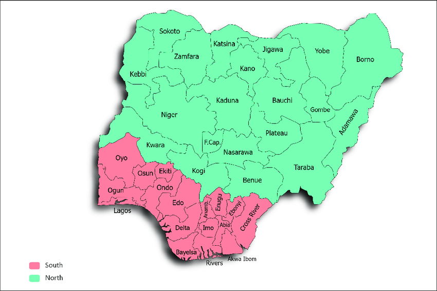 Map of colonial Nigeria when it was separated by two protectorates before the British amalgamated them into one for ease. (Pink being the Southern Protectorate of Nigeria and green being the Northern Protectorate of Nigeria.