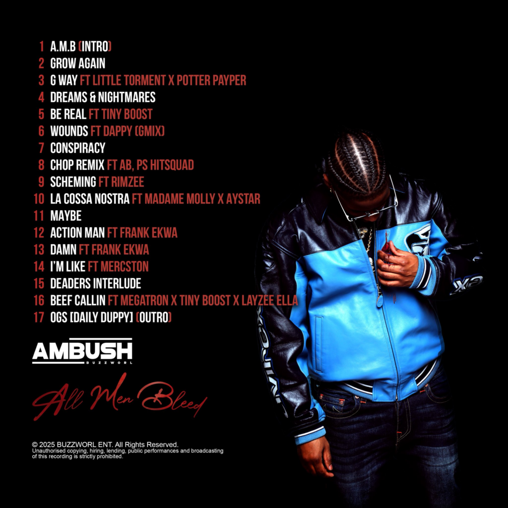 Ambush's album will have features from fellow Buzzworl artist Frank Ekwa, Potter Payper, AB, PS Hitsquad, Dappy, Tiny Boost, Rimzee, Little Torment, Madame Molly, Aystar, Mercston, Megatron and Layzee ELLA.